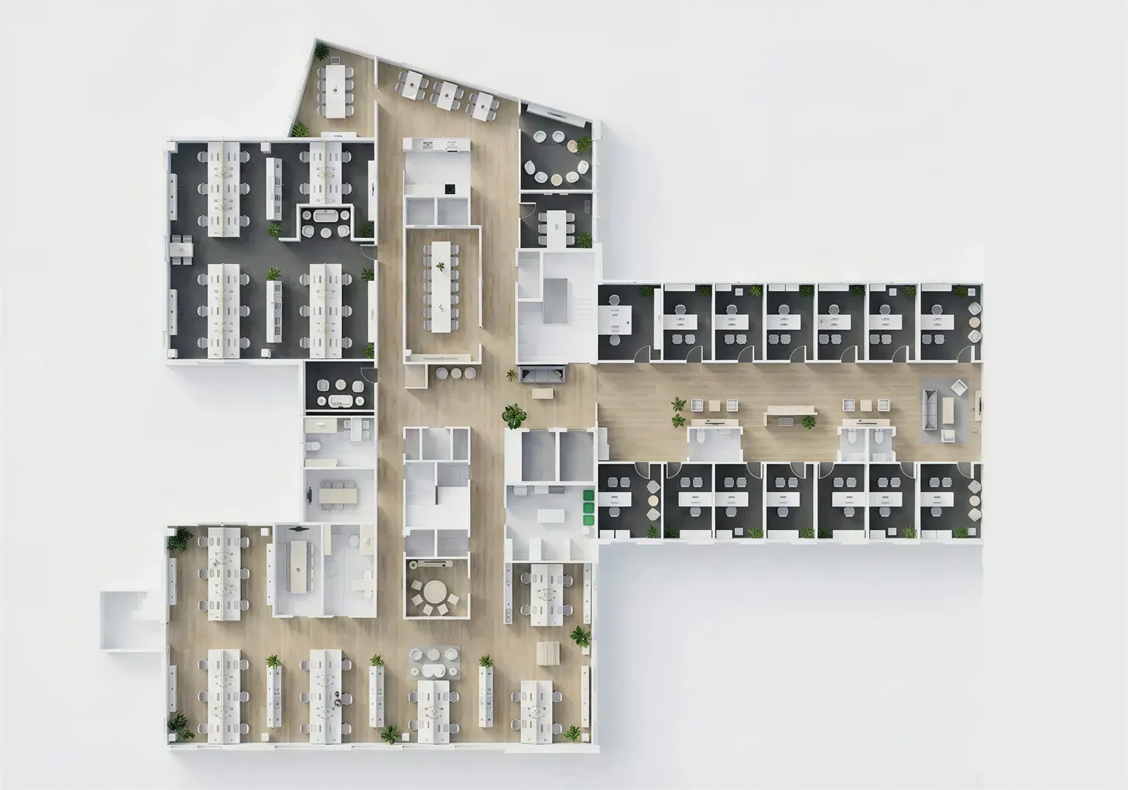 Jälkeen: modernin kaupallisen toimitilan sisustuskuvien käsittely 3D-huonekalujen visualisoinneilla
