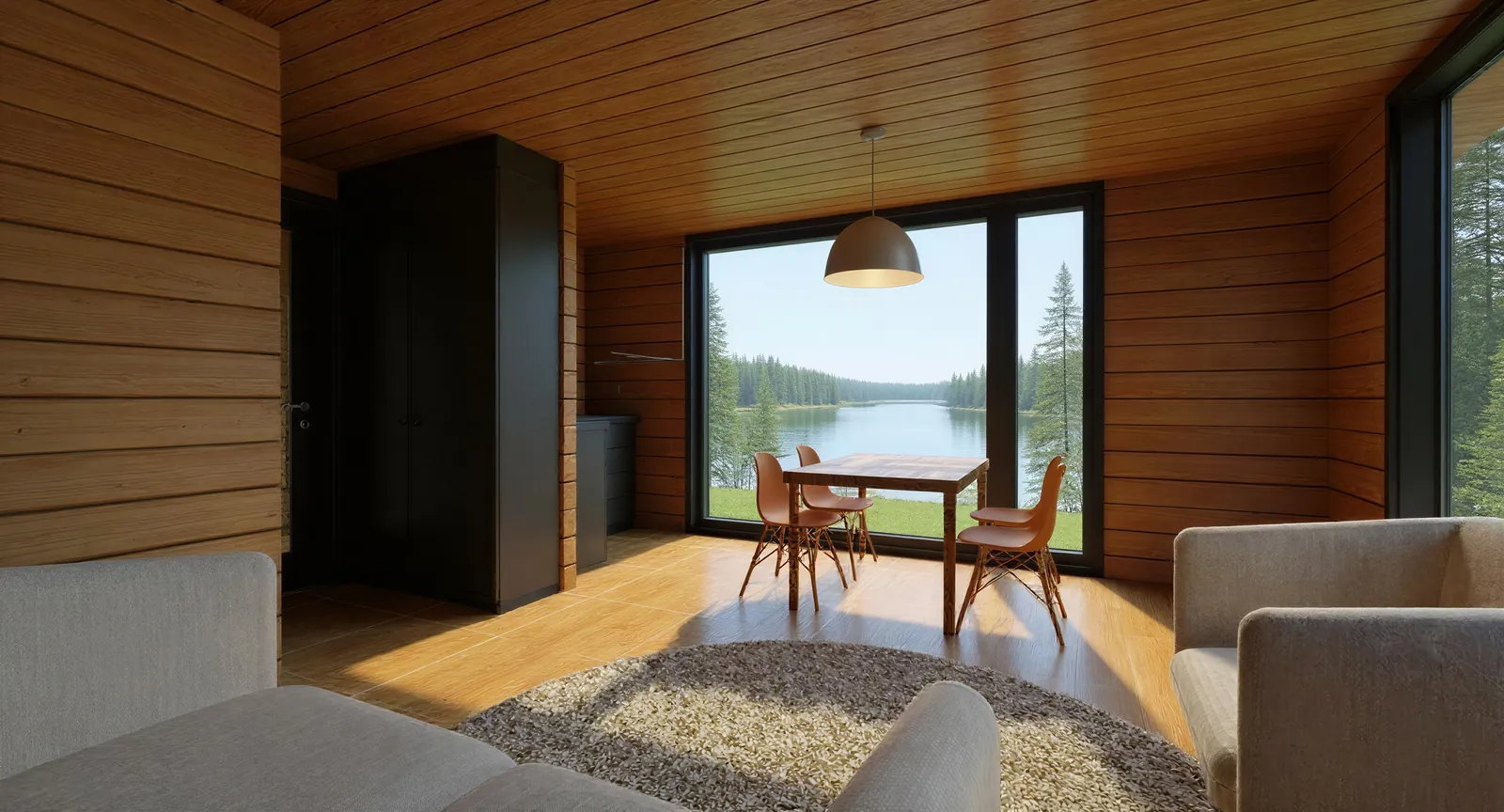 Jälkeen: asuinhuoneen sisustuskuvien käsittely modernilla kalustuksella ja valaistuksella